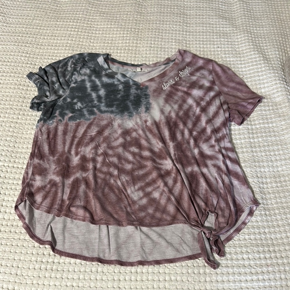 Tie-Dye Short Sleeve V-Neck Top with Side Tie - Mauve/Gray